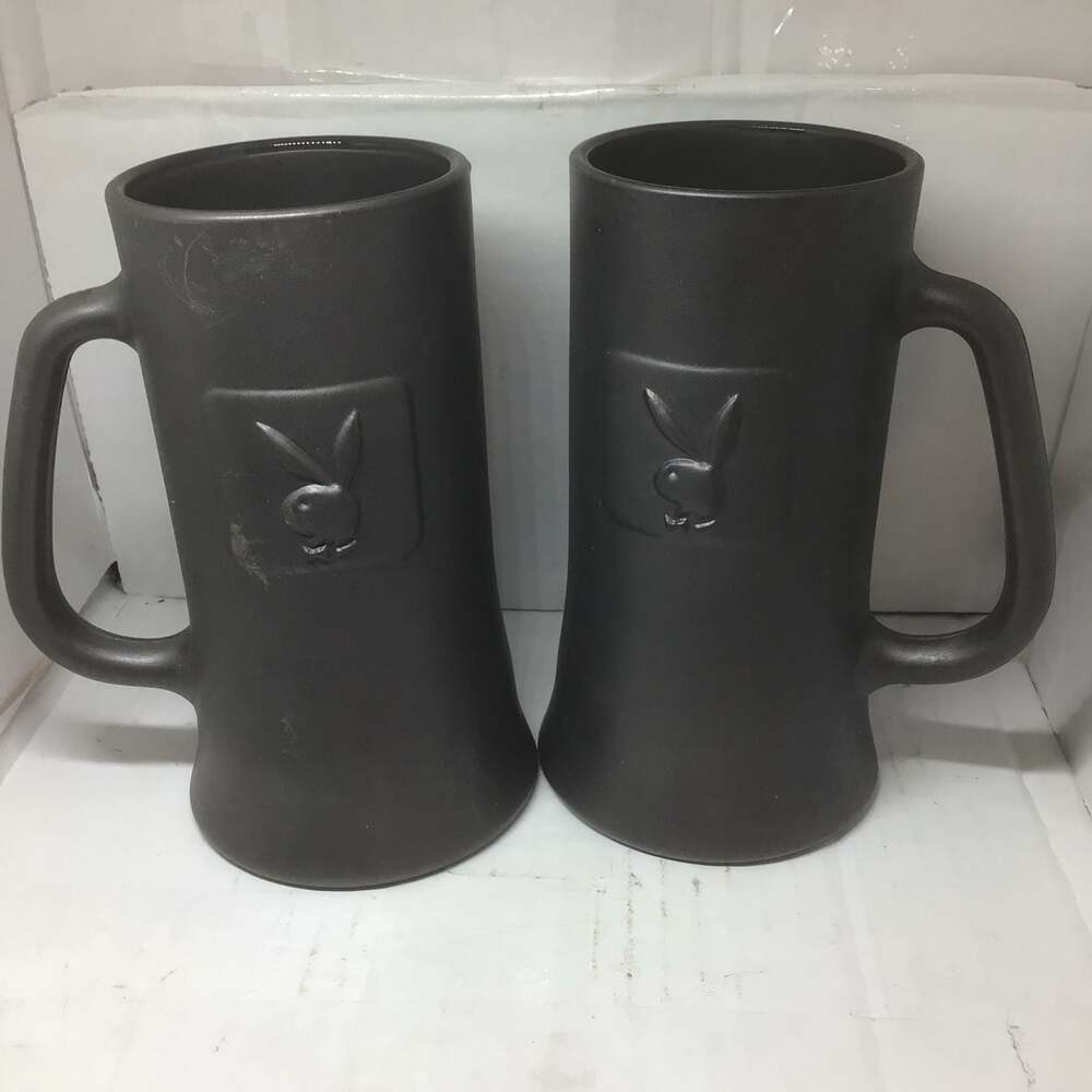 Vintage Playboy Club Black Frosted Glass Beer Stein Mugs - Set of 2